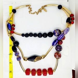 Chico's Chunky Beaded Purple Black Red Statement  Necklace Resin Glass Metal